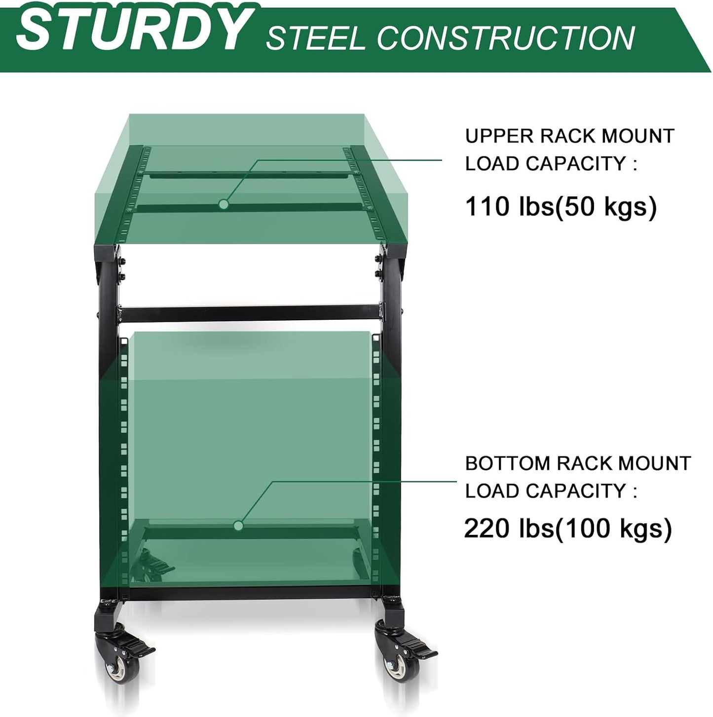 12U DJ Mixer Stand Rack Mount Rolling Stand Stage Cart Adjustable Rack Mount for Music Studio Booth Pro Audio Recording Cabinet Stage Equipment