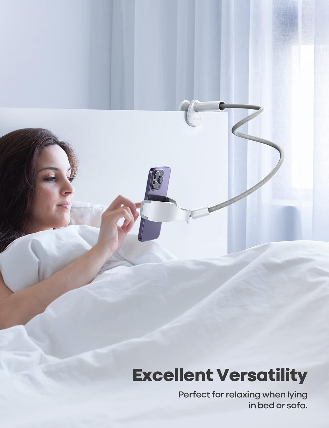 Lamicall Phone Holder Bed Gooseneck Mount, Cell Phone Clamp Clip for Desk, Flexible Long Arm Headboard Bedside Lazy Bracket, Overhead Table Stand Grey