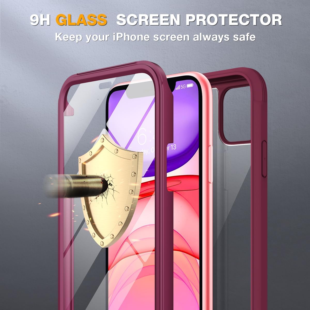 Miracase Glass Series for iPhone 11 Case 6.1 inch, Upgraded Full-Body Rugged Phone Bumper Case Cover with Built-in 9H Tempered Glass Screen Protector and Camera Protector, Wine Red