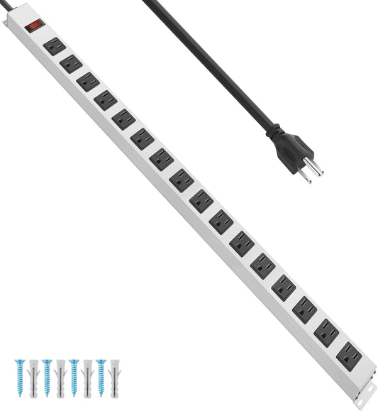 JUNNUJ Metal 16 Outlet Power Strip, Mountable Heavy Duty Power Strip, 1200J Surge Protector Wall Mount Screws Outlet with Switch, Gaming Desk Strips Wide Spaced 15A 125V 1875W, 6 FT 14AWG Power Cord