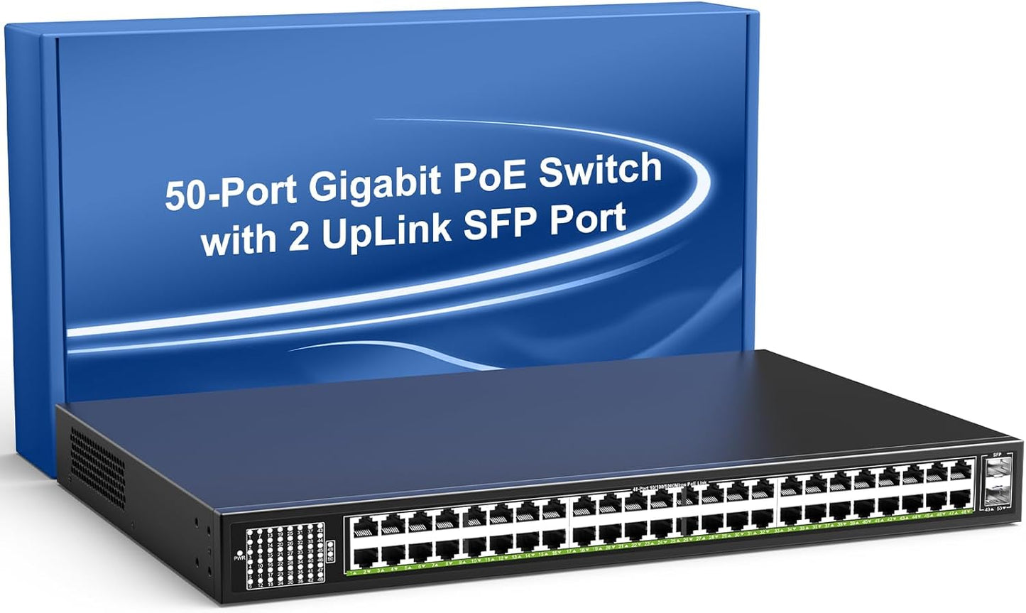 48-Port Gigabit PoE Switch Unmanaged with 2X 1000Mbps Uplink SFP Port, VIMIN 50-Port PoE Ethernet Switch Support IEEE802.3af/at, 400W Power, 100Gbps Switch Capacity，Plug and Play, Rack-Mount