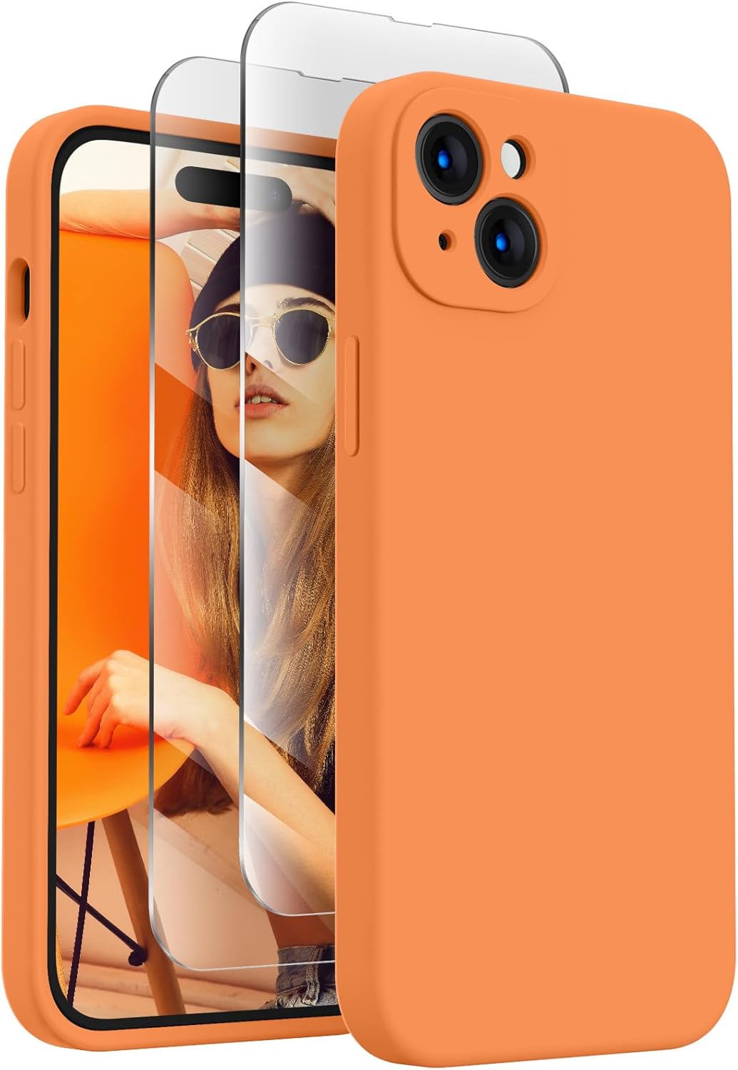 FireNova Designed for iPhone 15 Plus Case, Silicone [Camera Protection] Case with [2 Screen Protectors], Soft Anti-Scratch Microfiber Lining Inside, 6.7 inch, Kumquat