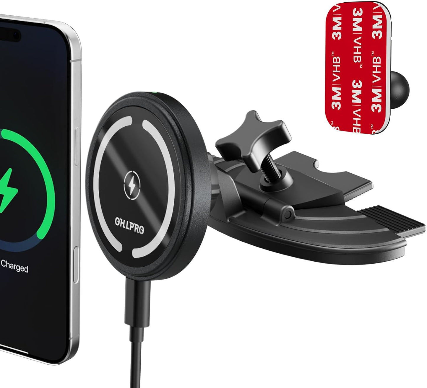 OHLPRO 15W Magsafe Car Mount Charger for iPhone 16, Fast Wireless Charging Magnetic CD Slot Holder with 3M Adhesive Base for Dashboard, Aluminum Shell, Compatible with iPhone 16/15/14 Pro Max, Black
