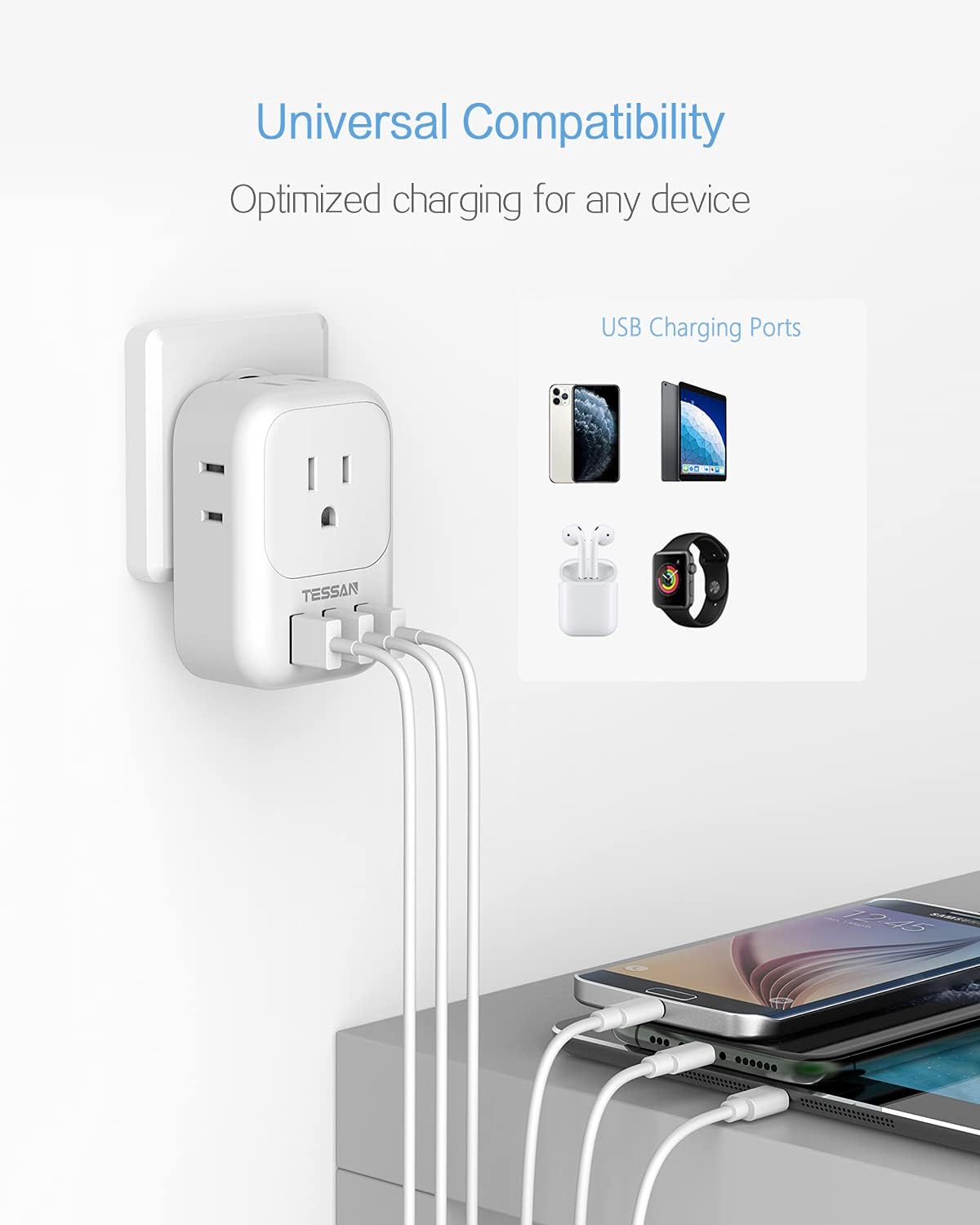 USB Charger Block, TESSAN Wall Plug Adapter with Electrical 4 Box Splitter 3 USB Wall Charger Ports, Multi Plug Outlet Extender Charging for Cruise, Travel, Office, Dorm Essentials, White