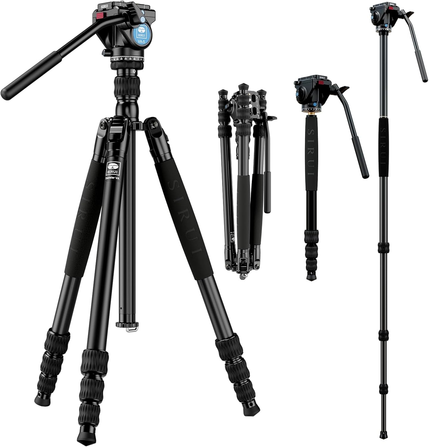SIRUI Aluminum Camera Tripod Monopod with VA-5 Fluid Pan Head, 62.6″Heavy Duty Tripod Kit for DSRL, Binocular, Spotting Scope, Quick Release Plate, 1/4" 3/8" Screws, Payload 6.6lbs -Traveler VA