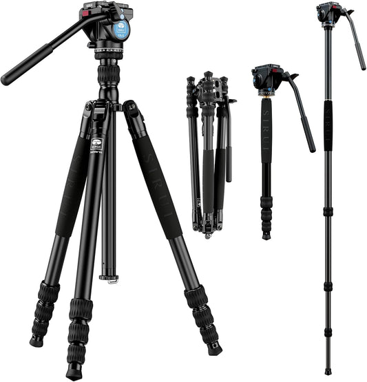 SIRUI Aluminum Camera Tripod Monopod with VA-5 Fluid Pan Head, 62.6″Heavy Duty Tripod Kit for DSRL, Binocular, Spotting Scope, Quick Release Plate, 1/4" 3/8" Screws, Payload 6.6lbs -Traveler VA