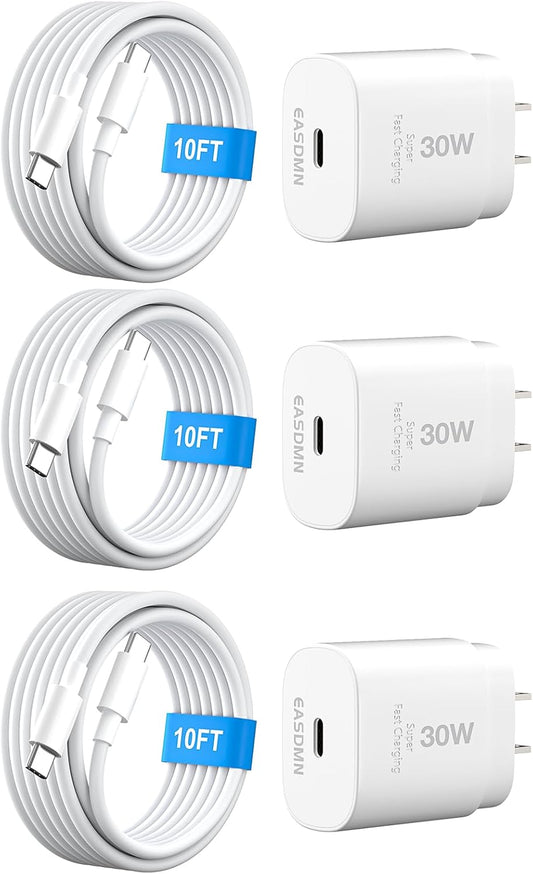 30W USB C i Phone 16 15 Charger Fast Charging, 3PACK Wall Charger for iPhone 16 15 Pro Max Charger Cord 10FT Fast Type C Charger Block for iPhone 16/16 Pro/15 Plus/15 Pro/15 Pro Max, iPad Pro, White