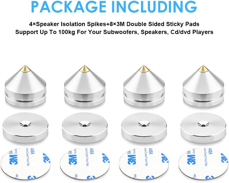 4Pcs Speaker Spikes Floor Protectors Shockproof Speaker Isolation Spikes with Base Pad for Speaker,Subwoofer,Amplifier,Turntable,Recorder CD DAC with 3m Adhesive (Silver)