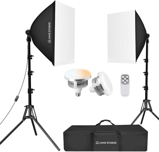 LimoStudio (LED Super Bright) 3400W Output Remote Control, 22 x 32 inch Softbox 85W Bulbs Light Kit, 3000K-5500K Adjustable Color & Brightness, 12600 Lumen, CRI>95, Soft Box Diffuser, AGG3214