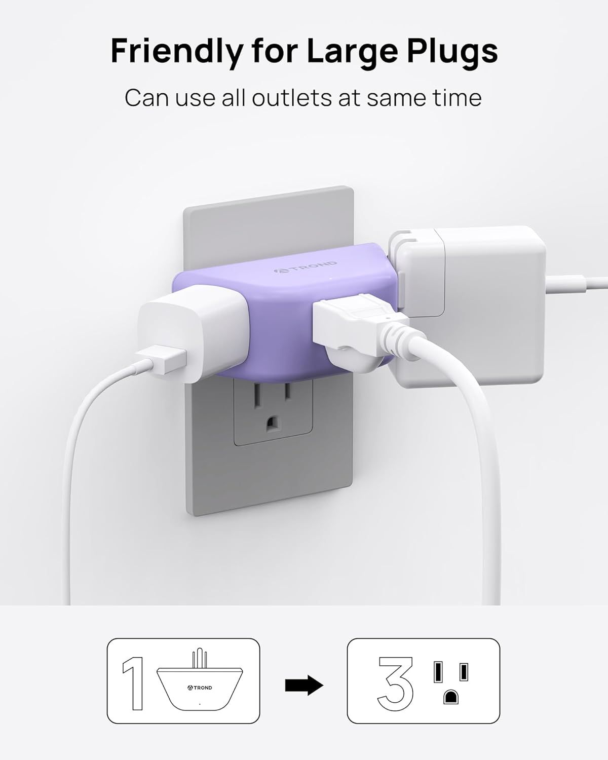 TROND Purple Outlet Extender - Plug Splitter with 3-Prong Grounded Sockets, 3 Way Angled Outlet Adapter, Wall Plug Expander, Cruise Ship Essentials, Compact and Practical for Travel Home Decoration