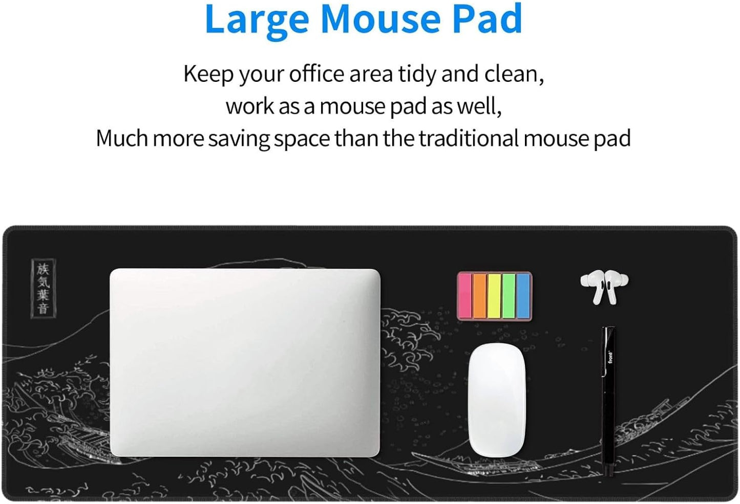 Japanese Gaming Mouse Pad Black Mouse Pad Kanagawa Large Mousepad Non-Slip Rubber Base Waterproof with Stitched Edges for Gaming Office Home, 31.5x11.8 Inch (Black Wave)