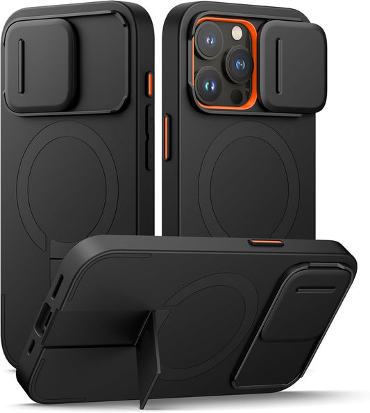 SURITCH for iPhone 15 Pro Case with Magnetic Camera Slide Cover and Adjustable Kickstand, Compatible with MagSafe, Shockproof Bumper Case Slim Protective Cover 6.1 Inch, Black