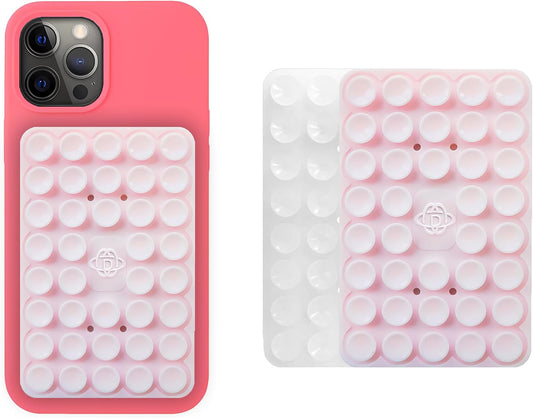 Silicone Double-Sided Suction Phone Grip Detachable Mount - Car Dashboard/Shower Phone Holder, Hands-Free For Selfies & Videos, ASMR- iphone & Android Compatible (Large, Transparent+BabyPink)