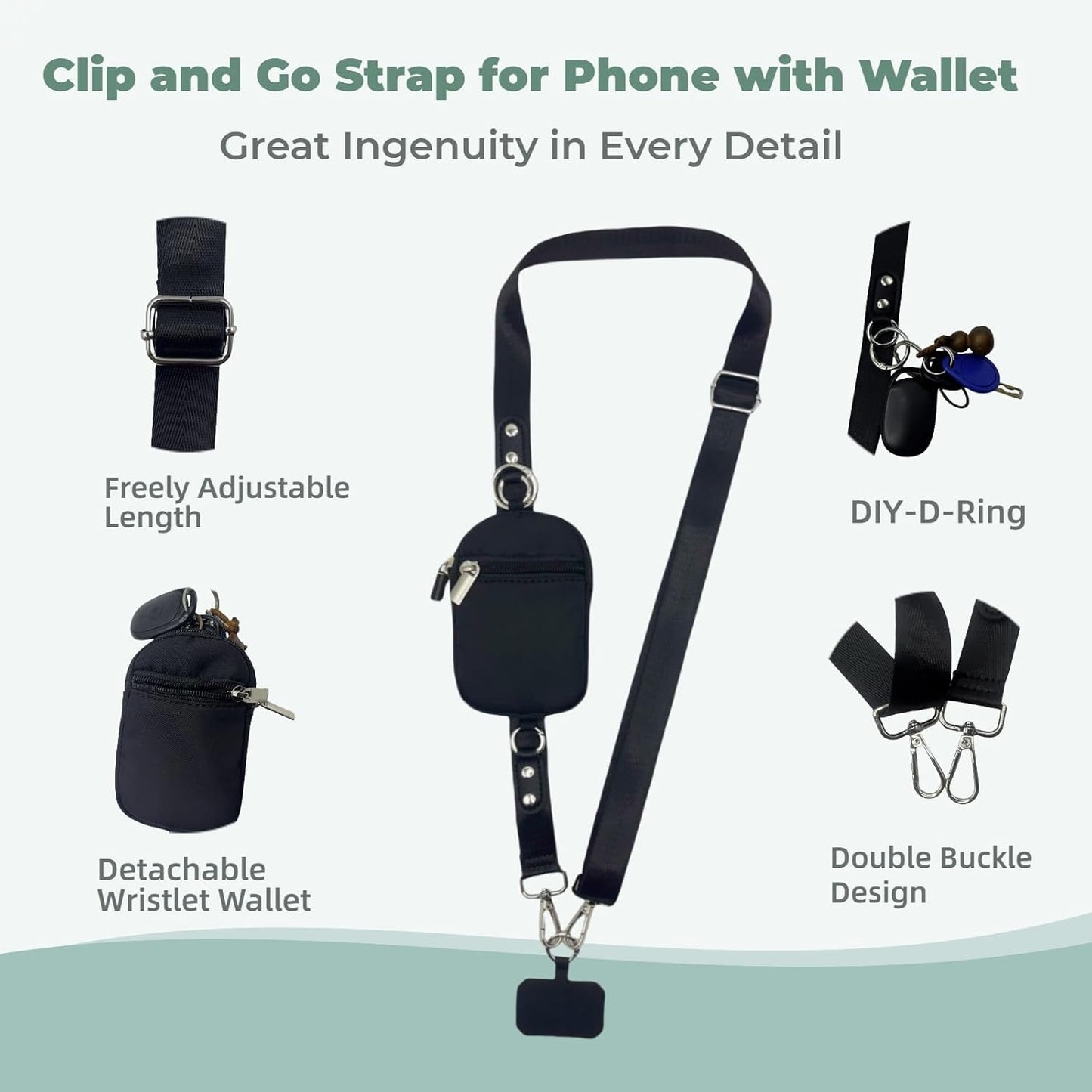 Clip and Go Strap for Phone with Wallet - Adjustable and Detachable Phone Lanyard Crossbody, Wrist Wallet for Home Travel