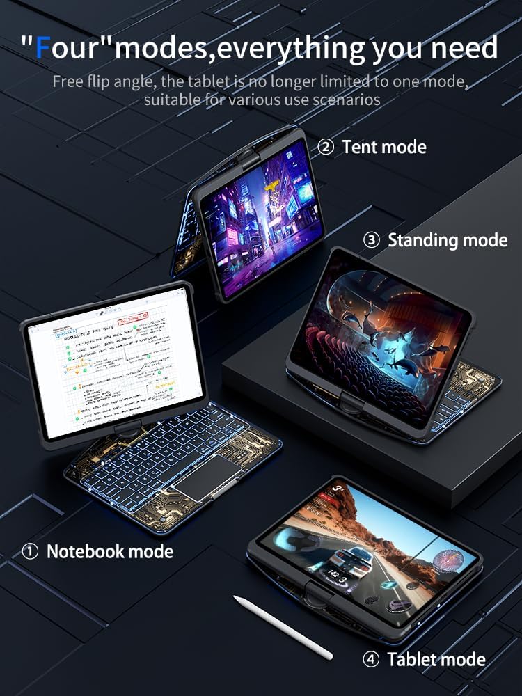 KARTICE Transparent 360 for iPad Keyboard case with Wireless Keyboard for iPad 7/8/9th 10.2 inch, Multi-Touch Trackpad, 7 Color Backlight, 360° Rotating Stand with Pencil Holder
