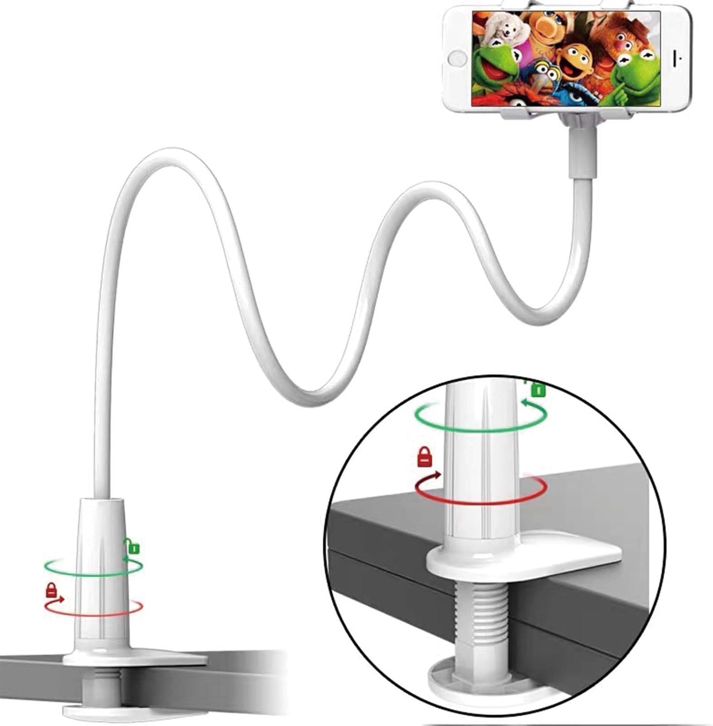 Phone Holder,gooseneck Phone Holder,360° Rotate Support Rod One-Hand Adjustable Cell Phone Holder,for Desk Headboard Nightstand. (White)