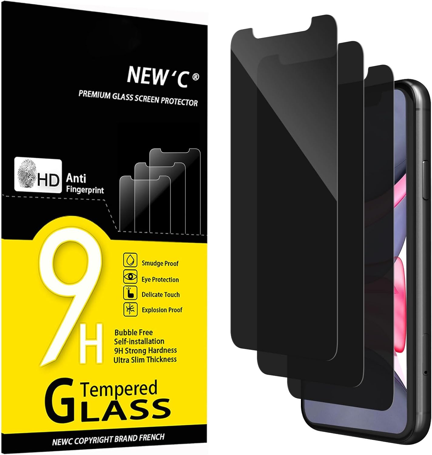 NEW'C 3 Pack Privacy for iPhone 11, iPhone XR Screen Protector, Enhanced 28-Degree Privacy Angle, Ultra Durable 9H Hardness, Bubble-Free