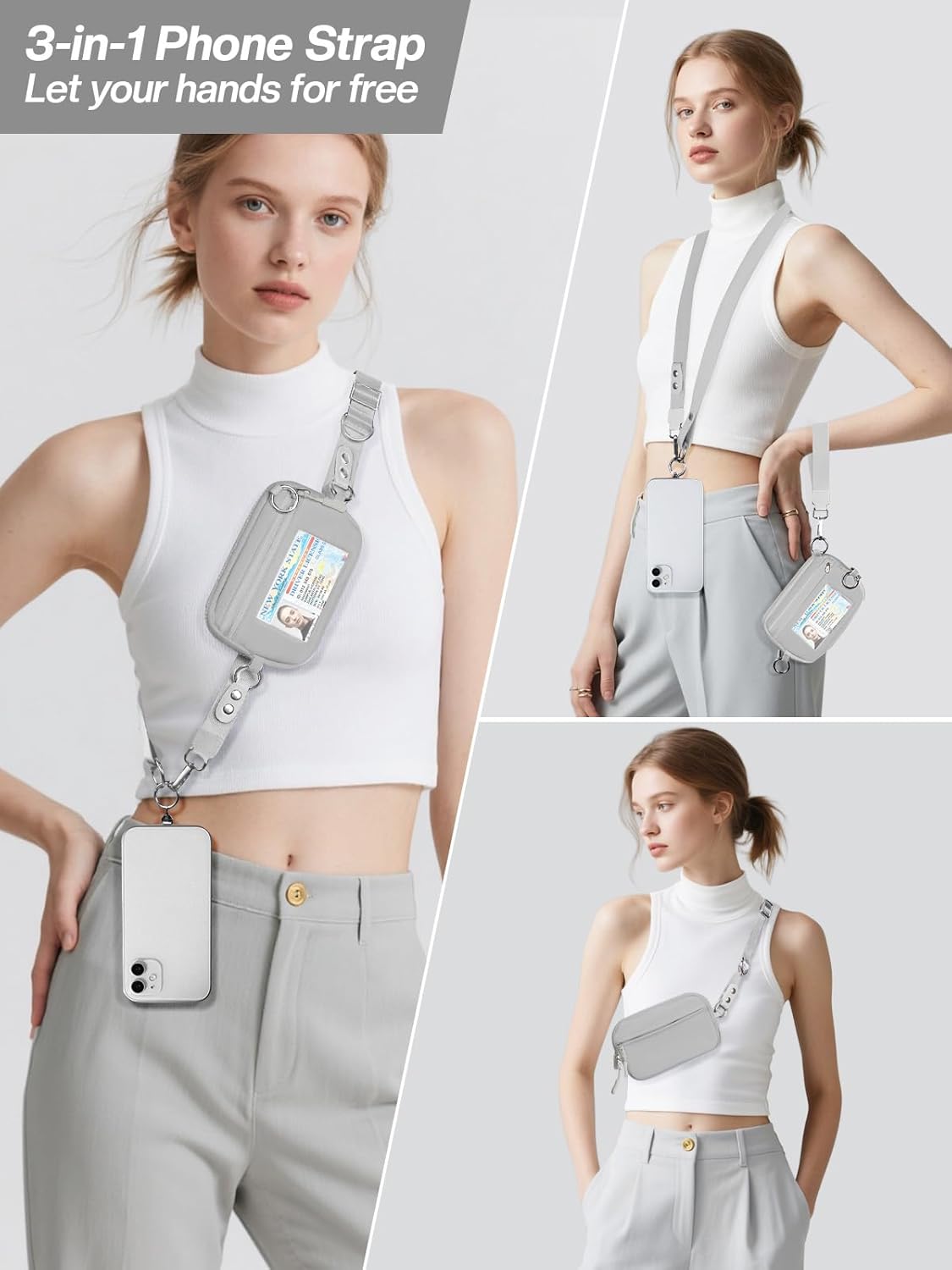 Clip and Go Strap for Phone with Wallet Crossbody Phone Lanyard Adjustable and Detachable RFID Wristlet Wallet with ID Window and Zipper, Grey