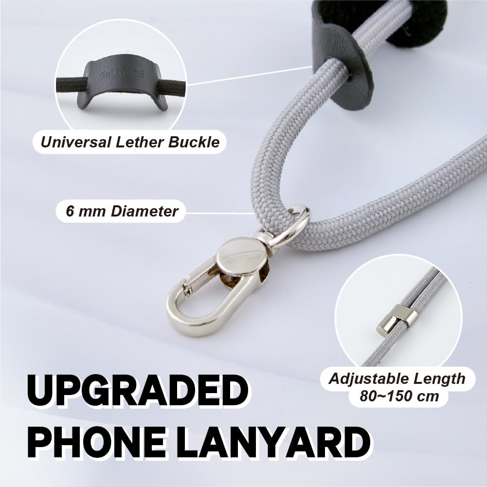 Universal Phone Lanyard, Anti-Theft Crossbody Strap for iPhone 15 Pro Max and Most Smartphones, Adjustable Cell Phone Neck Holder w/ 2 Non-Adhesive Tether Tabs for Men and Women, Grey/Silver