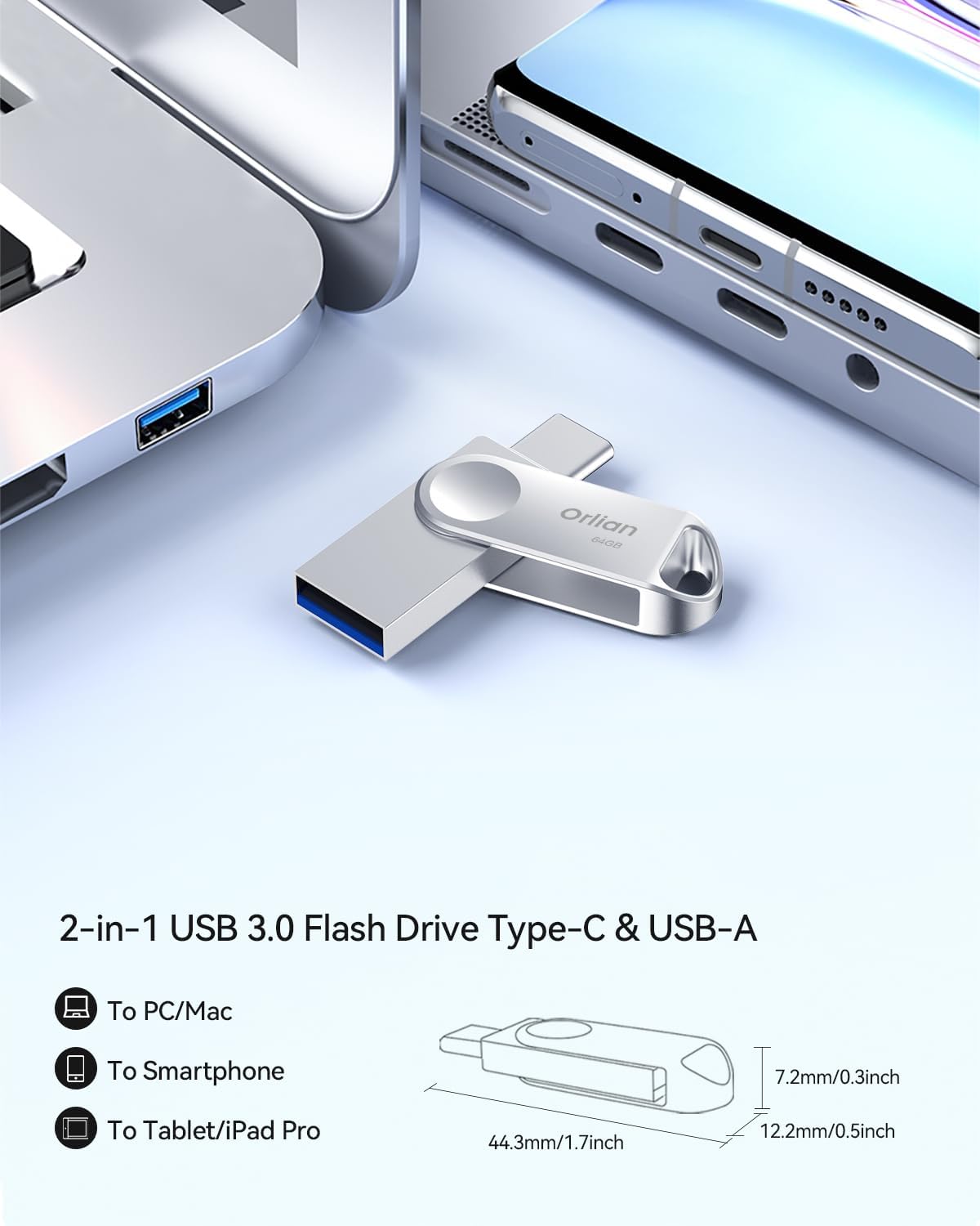 64GB USB C Flash Drive, Dual Drive USB 3.0 and Type C Thumb Drive Up to 110MB/s Read Metal Waterproof Swivel Design Portable for PC Laptop Tablet Android Smartphone iPhone 15 and More, Silver