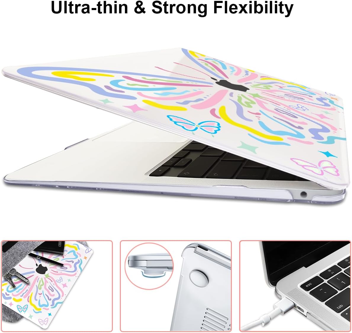 for MacBook Air 13 inch Case 2021 2020 2019 2018 for Mac A2337 M1 A2179 A1932 Cover with Touch ID, Crystal Pattern Plastic Hard Shell Case Keyboard Skin Screen Protector, Colorful Butterfly