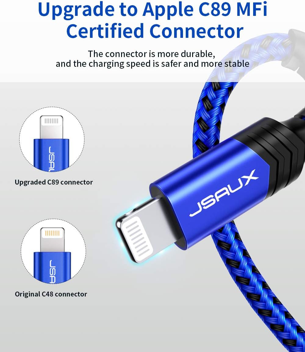 JSAUX Apple MFi Certified Lightning Cable 4ft, iPhone Charger Cable Nylon Braided Heavy Duty, Upgraded C89 USB Lightning Cord for iPhone 11 Xs Max X XR 8 7 6s 6 Plus SE 5 5s, iPad, iPod-Blue