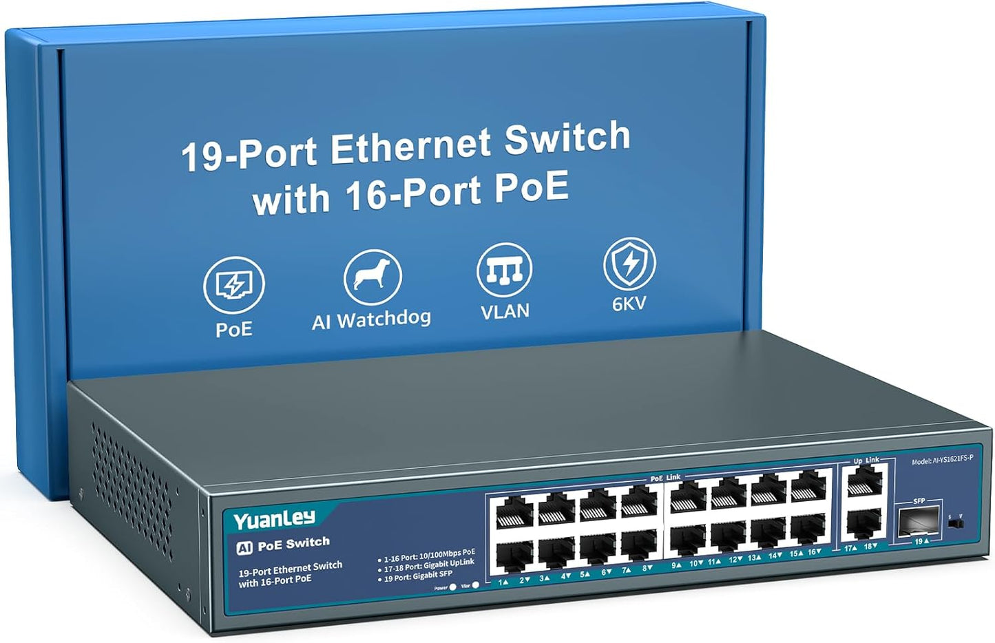 YuanLey 16 Port PoE Switch with 2 Gigabit Ethernet Uplink, 1 SFP Port, 250W PoE+ Port Support 802.3af/at, Unmanaged Network Switch with AI Watchdog, VLAN, 6KV Protection, Rackmount Plug and Play