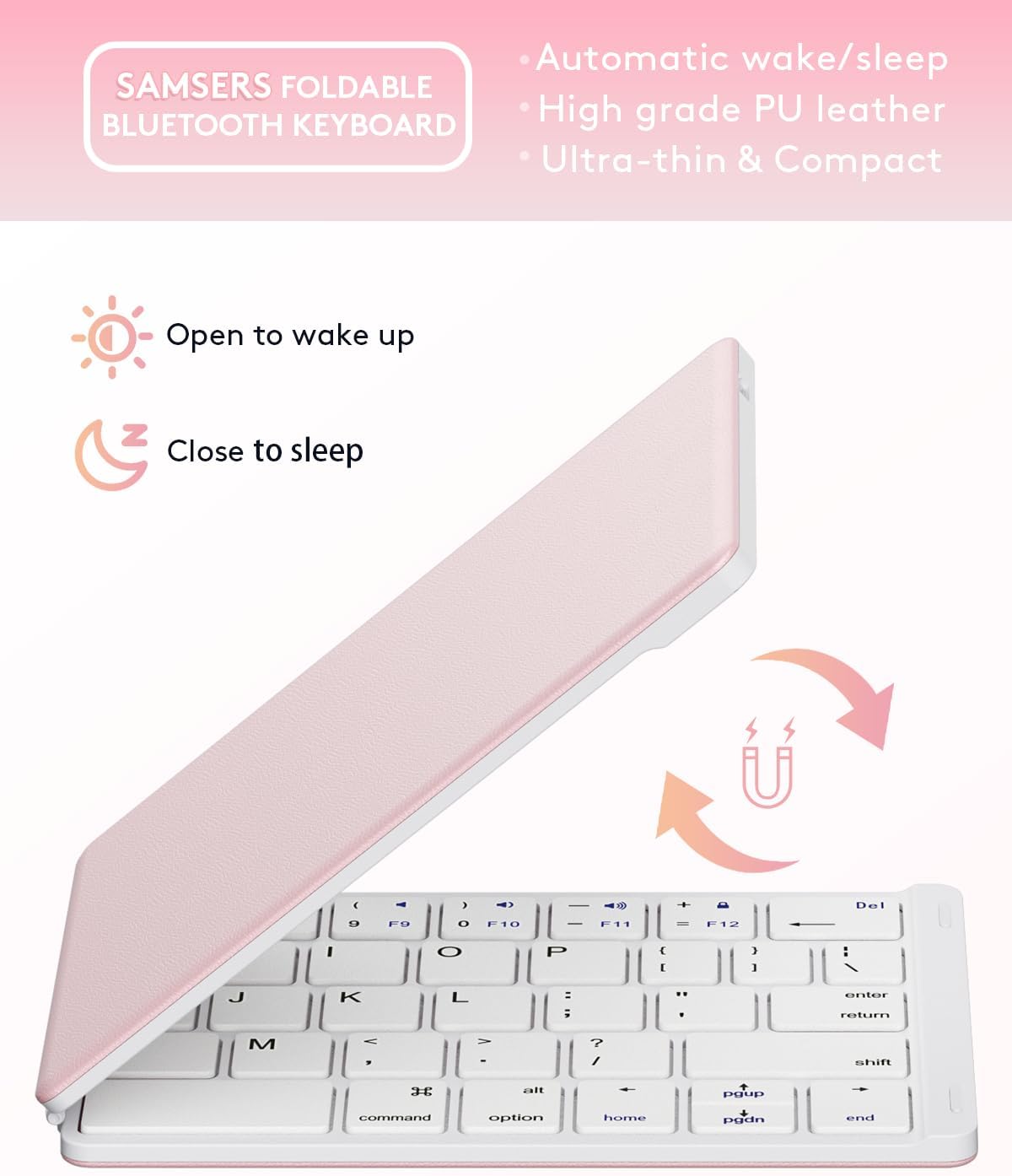 Samsers Foldable Bluetooth Keyboard - Portable Wireless Keyboards with Stand Holder, Rechargeable Full Size Ultra Slim Folding for iOS Android Windows Smartphone Tablet and Laptop, White-Pink