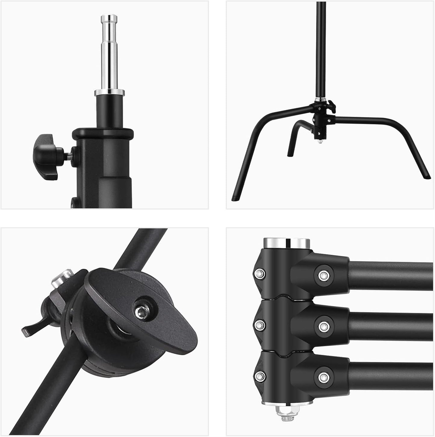 Soonpho 2 Pack 100% Heavy-Duty Steel C-Stand, Pro Photography Light Stand with 3.5'/108cm Extension Arm, Grip Head, Turtle Base for Studio Monolight, Softbox, Reflector, Max Height 10'/305cm – Black