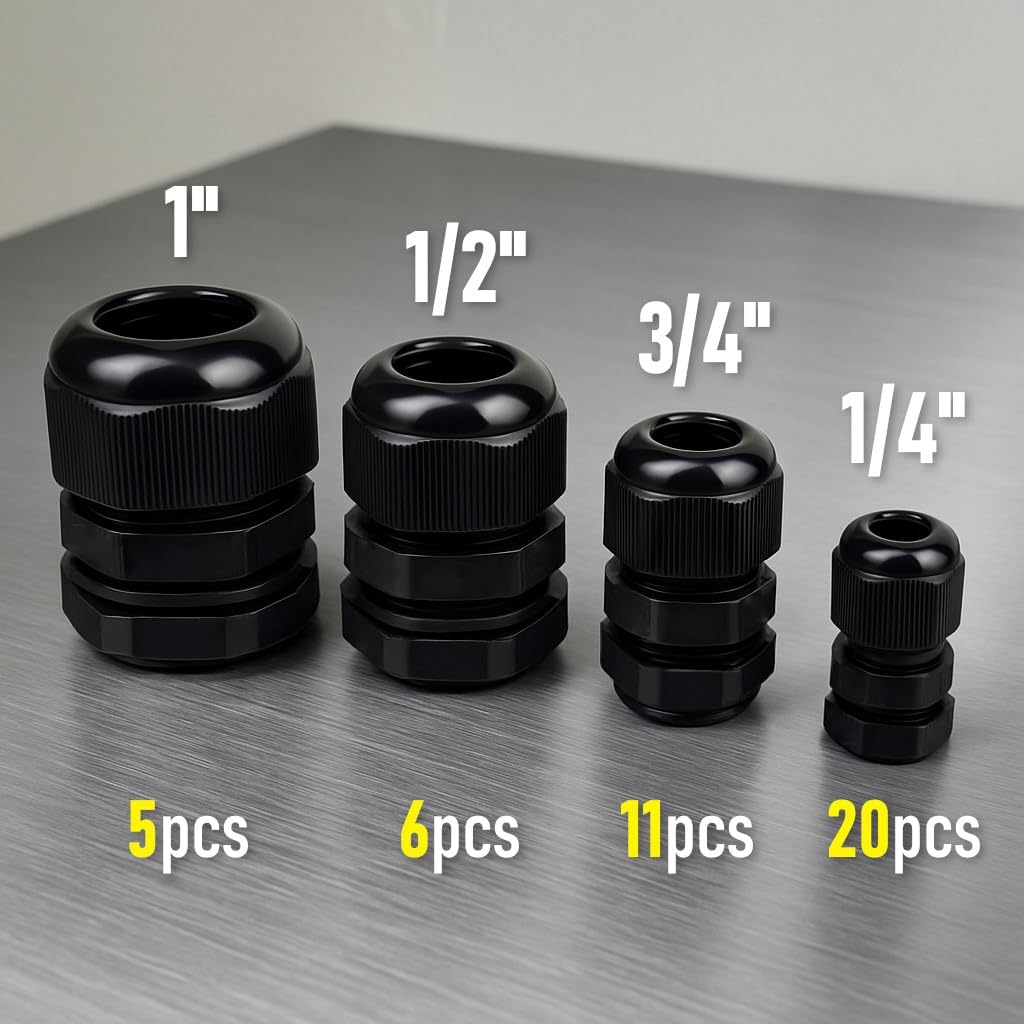 MGI SpeedWare 42 pcs NPT Strain Relief Nylon Cord Grip Cable Glands Assorted Kit, Black Plastic Grommet 1/4" 1/2" 3/4" and 1"