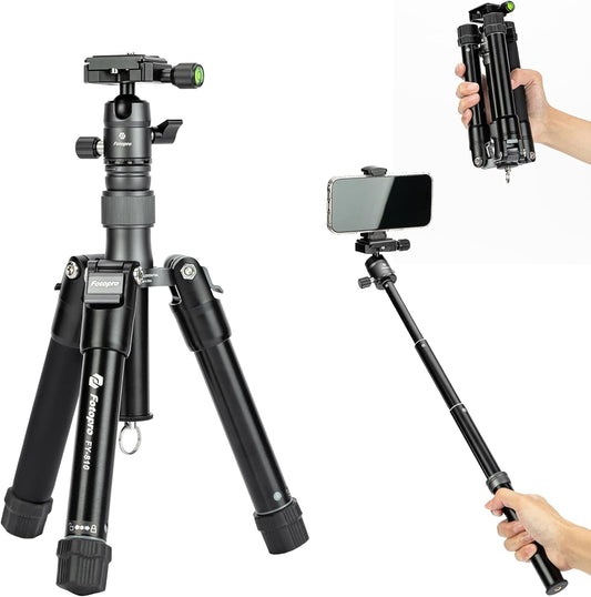 Fotopro Mini Tripod with Ball Head Phone Mount Detachable Selfie Stick Folded only 8.6" Max Load up to 6.6 lbs FY-810 Grey