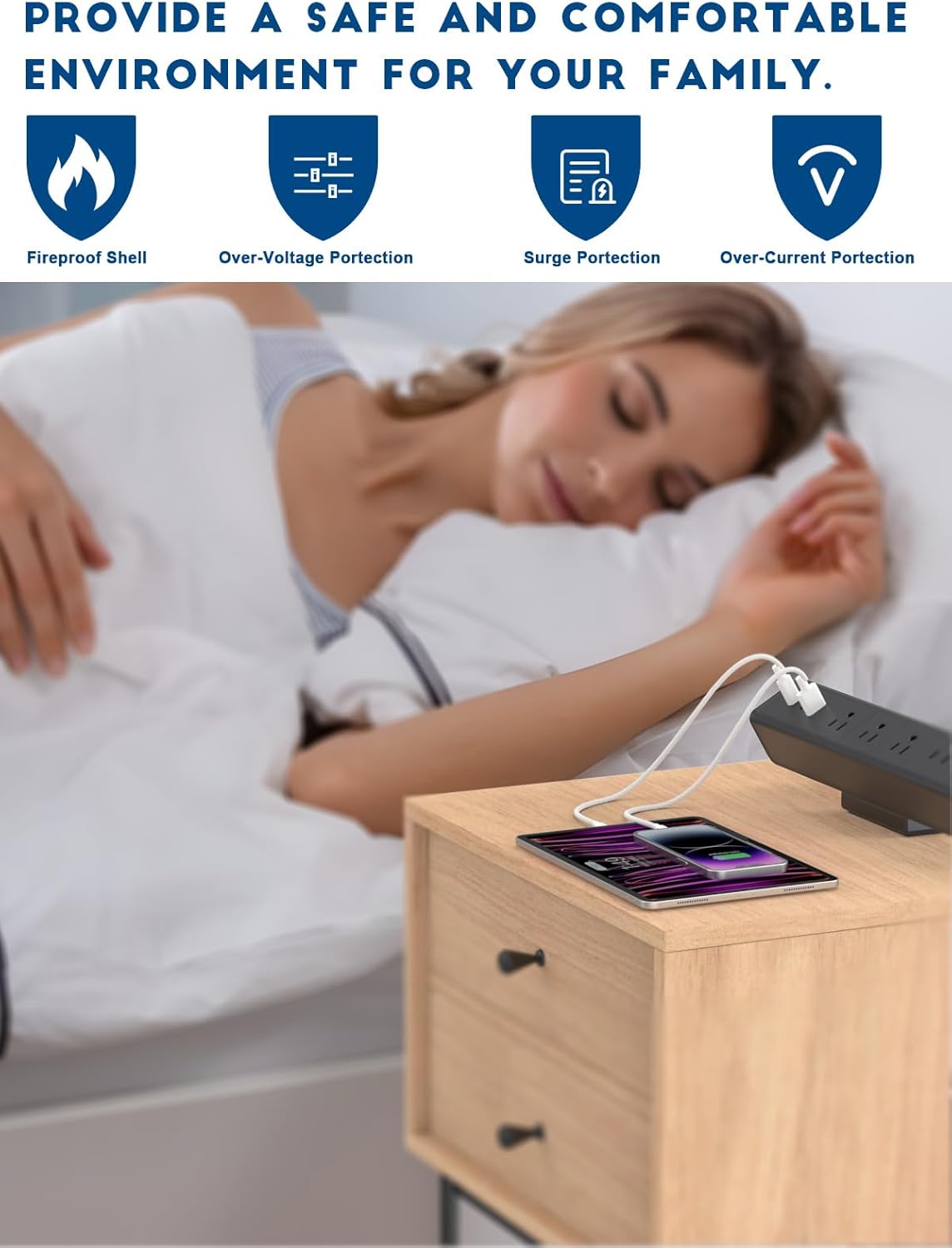 Nightstand Charging Station with 4 USB-C&2 QC 3.0 USB A Ports 3 AC Outlet, Desk Edge Mount Power Strip with USB-C Ports Tabletop Surge Protector Desk Clamp Power Strip for Home Office(Black)