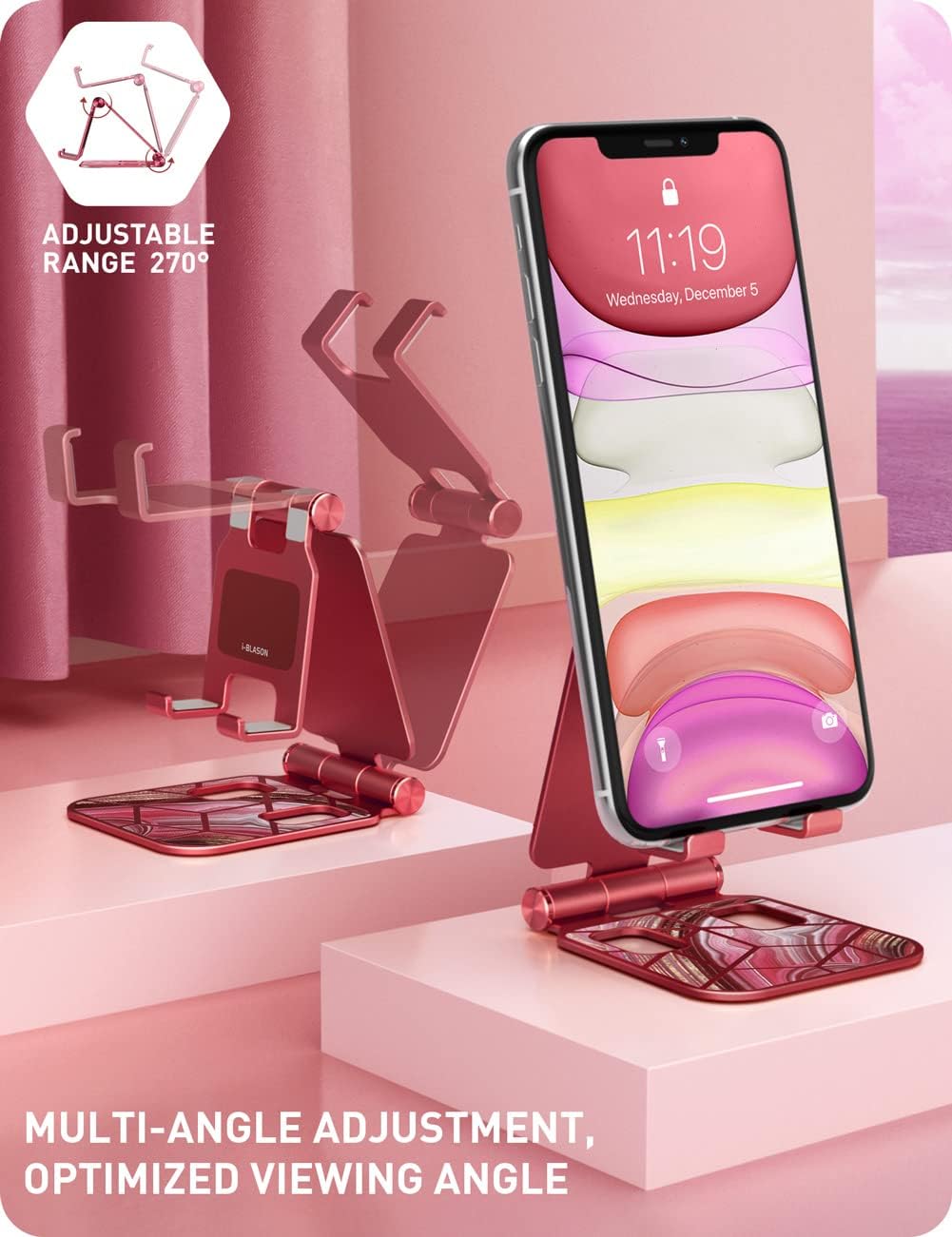 i-Blason Cell Phone Stand for Desk, Cell Phone Holder, Fits All Smart Phones, iPhone 16 15 14 13 Pro Max, Foldable Phone Stand Holder, Red