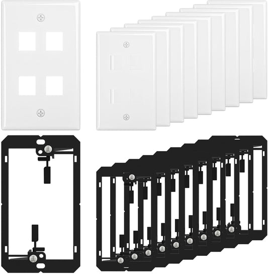 FGB 4-Port Keystone Wall Plate, with Low Voltage Mounting Bracket, with Single Gang Decorator Wall for RJ45, HDMI, and Coax Keystone Inserts, White, 10-Pack