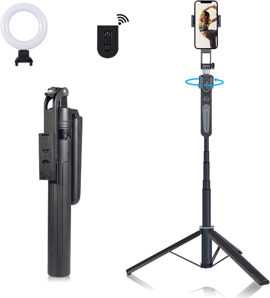 Extendable Auto Face Tracking Phone Tripod Stand, 360° Rotation Selfie Sticks with Light, Smart AI Facial Recognition, Tripod with Wireless Remote, Cameraman Shooting for Video, Vlog, Live Stream