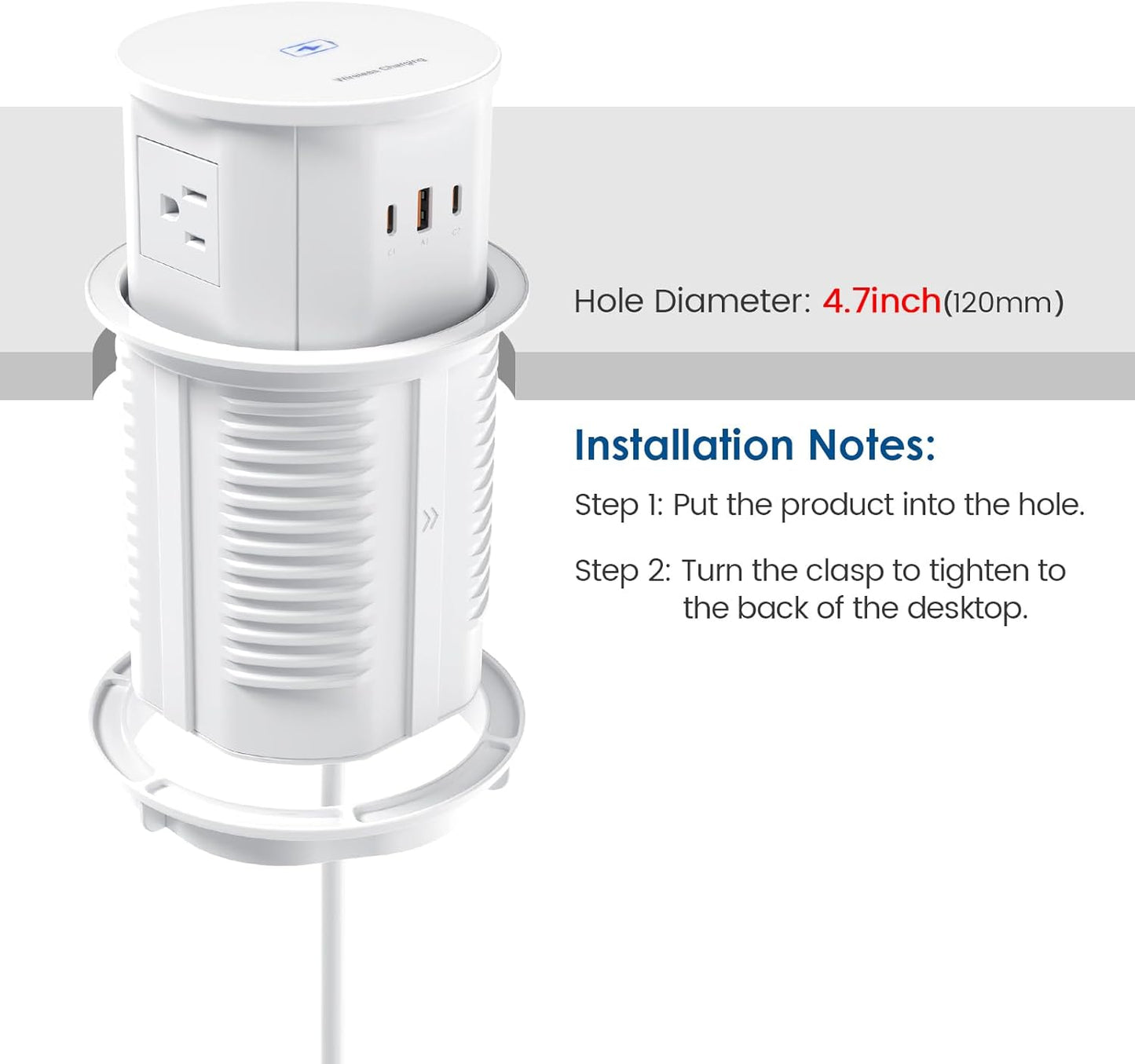 Pop up Outlet for Countertop with 15W Wireless Charger,65W USB C Charging Station,4 Outlets,2 USB C,USB A,Tamper Resistant Receptacle,4.7-inch Hole Power Grommet,Desk Recessed Outlet,White