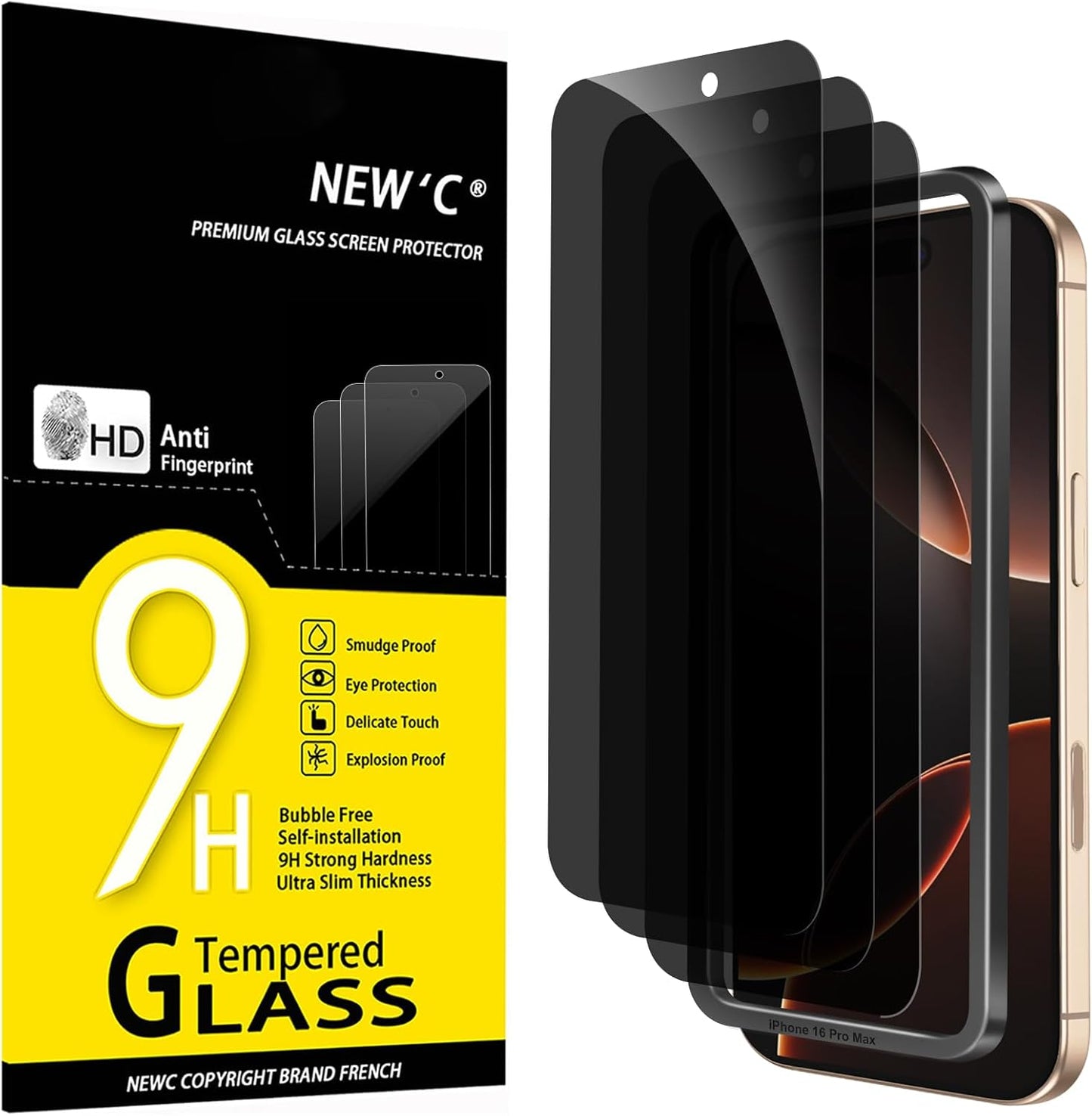 NEW'C 3 Pack Privacy for iPhone 16 Pro Max Screen Protector (6.9 inches), Anti-Spy Tempered Glass Film,Enhanced 28 Degree Privacy Angle - Easy installation tool included