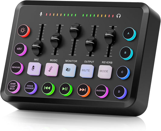 F11 Gaming Audio Mixer, Sound Board for PS5/ PC/Phone, Live Streaming Audio Interface with 3.5mm/XLR Microphone Input, Individual Control Live Sound Card, DJ Mixer Effects, Voice Changer, Denoise