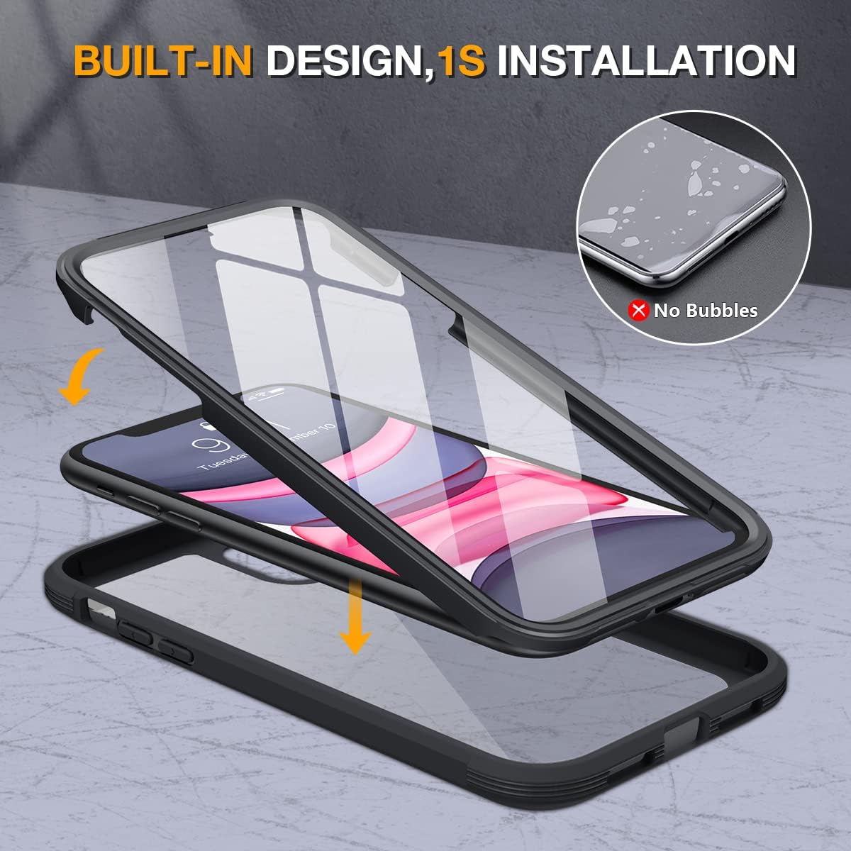 Miracase Glass Series for iPhone 11 Case 6.1 inch, Upgraded Full-Body Rugged Phone Bumper Case Cover with Built-in 9H Tempered Glass Screen Protector and Camera Protector, Black