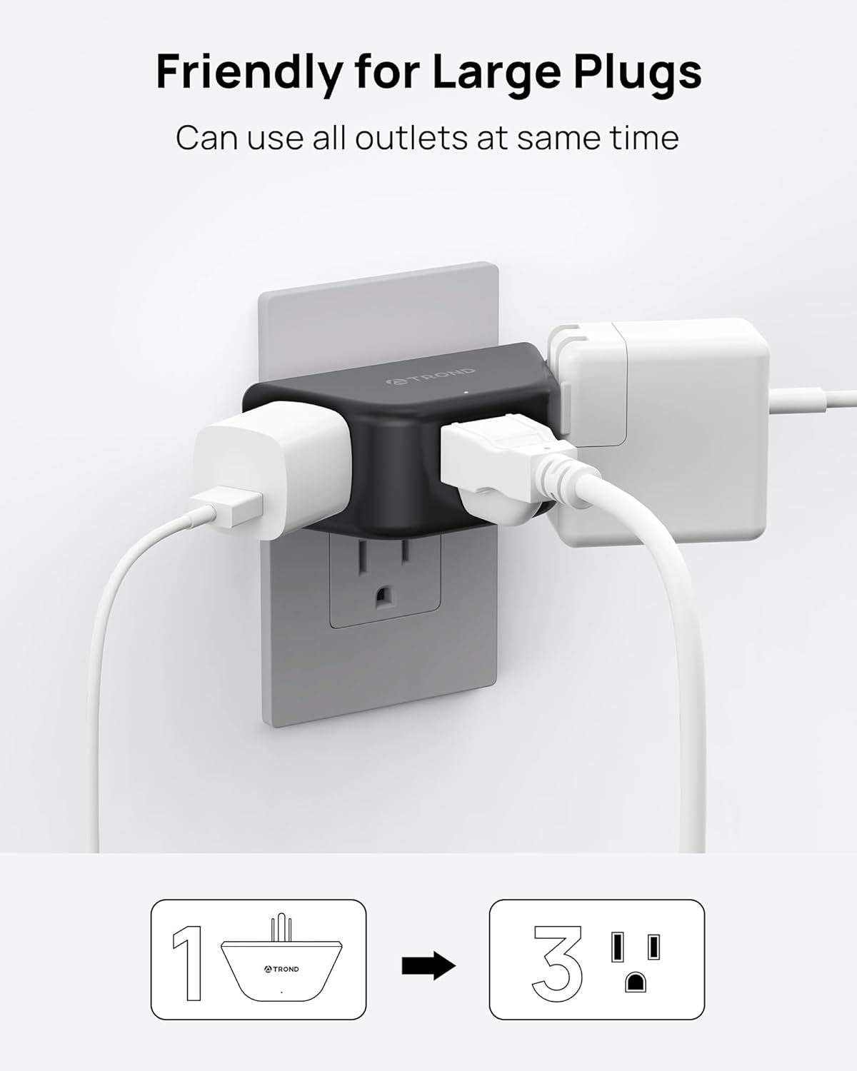 TROND Outlet Extender - 3 Prong Grounded Plug Extension Outlet, 3 Way Angled Wall Plug Splitter, Cruise Ship Essentials, Multiple Expander with 3 Electrical Sockets for Bathroom, Kitchen, Black