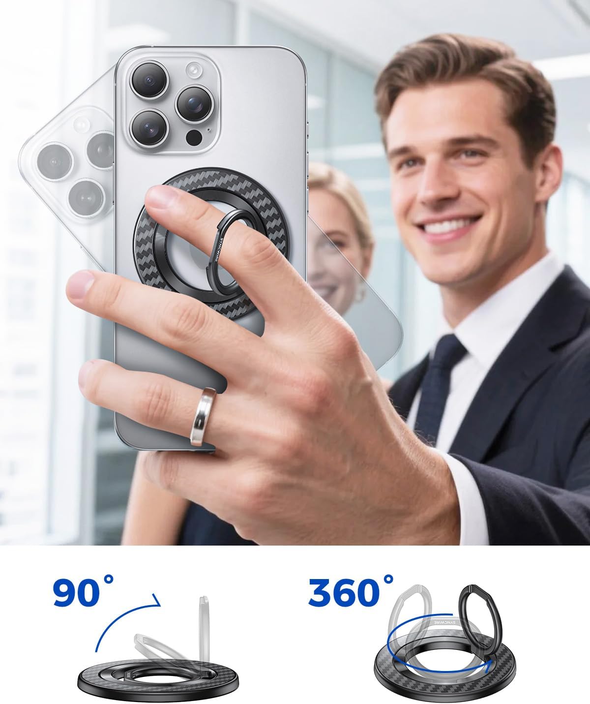 SYNCWIRE Carbon Fiber Magnetic Phone Ring Holder for MagSafe - Magnet Phone Grip Stand with 360° Rotation & Reinforced Hinge Compatible with iPhone 16 15 14 13 Pro Max Plus MagSafe Accessories