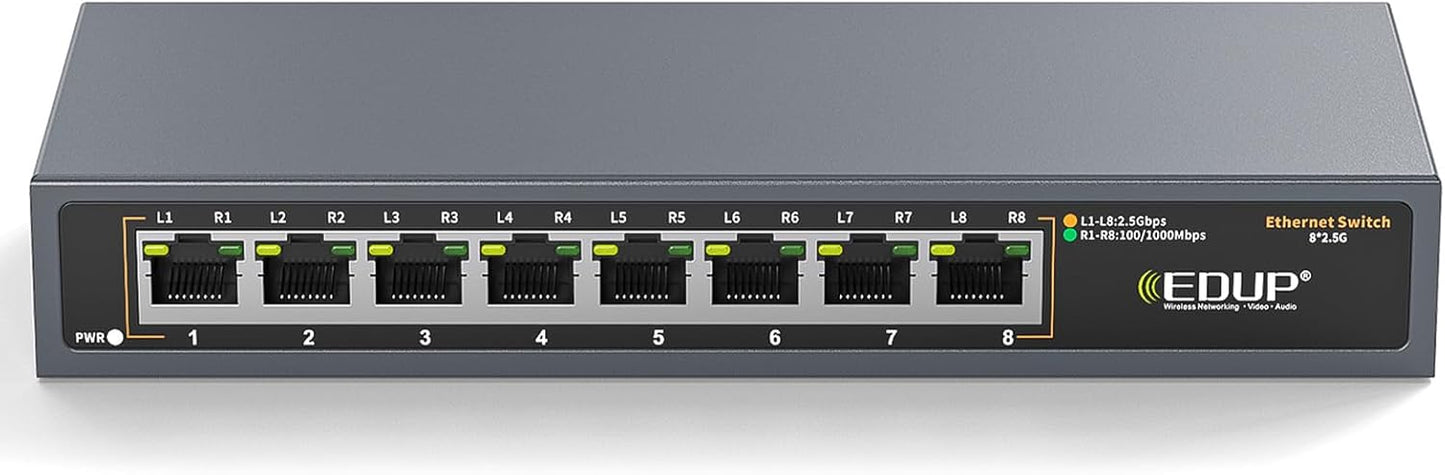 2.5G Ethernet Switch, 8 Ports Multi-Gigabit Ethernet Switch, Unmanaged, Fanless, Plug & Play, Reliable Network Splitter, Ideal for Gaming, NAS, PC, Silent, Desktop/ Wall Mount, Metal Design