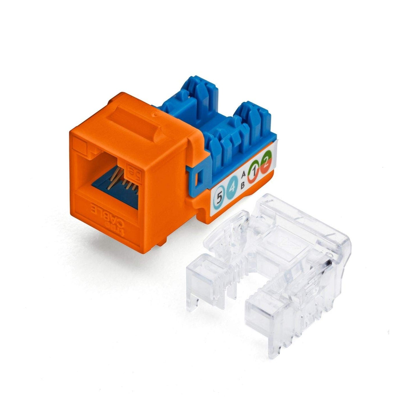 trueCABLE Cat5e Keystone Jack, Unshielded (UTP), 90 Degree Punch-Down, PoE++ (4PPoE) 100W, UL Listed, ETL Verified, ANSI/TIA Certified, Modular RJ45 Female, Orange, 48 Pack