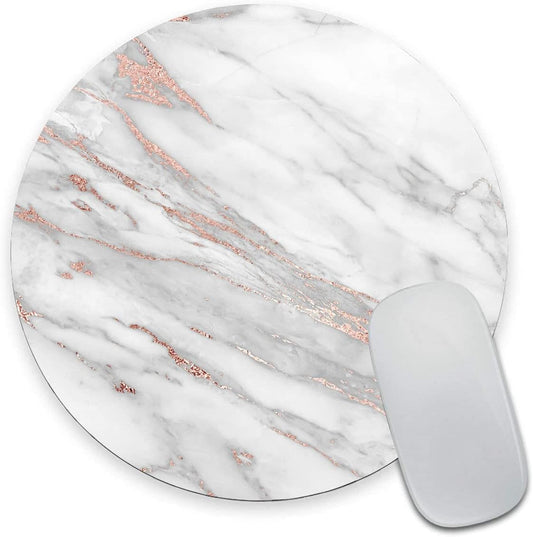 Premium Textured Round Mouse Pad - White Rose Gold Marble, Washable with Lycra Cloth, Non-Slip Rubber Base for Wireless Mouse
