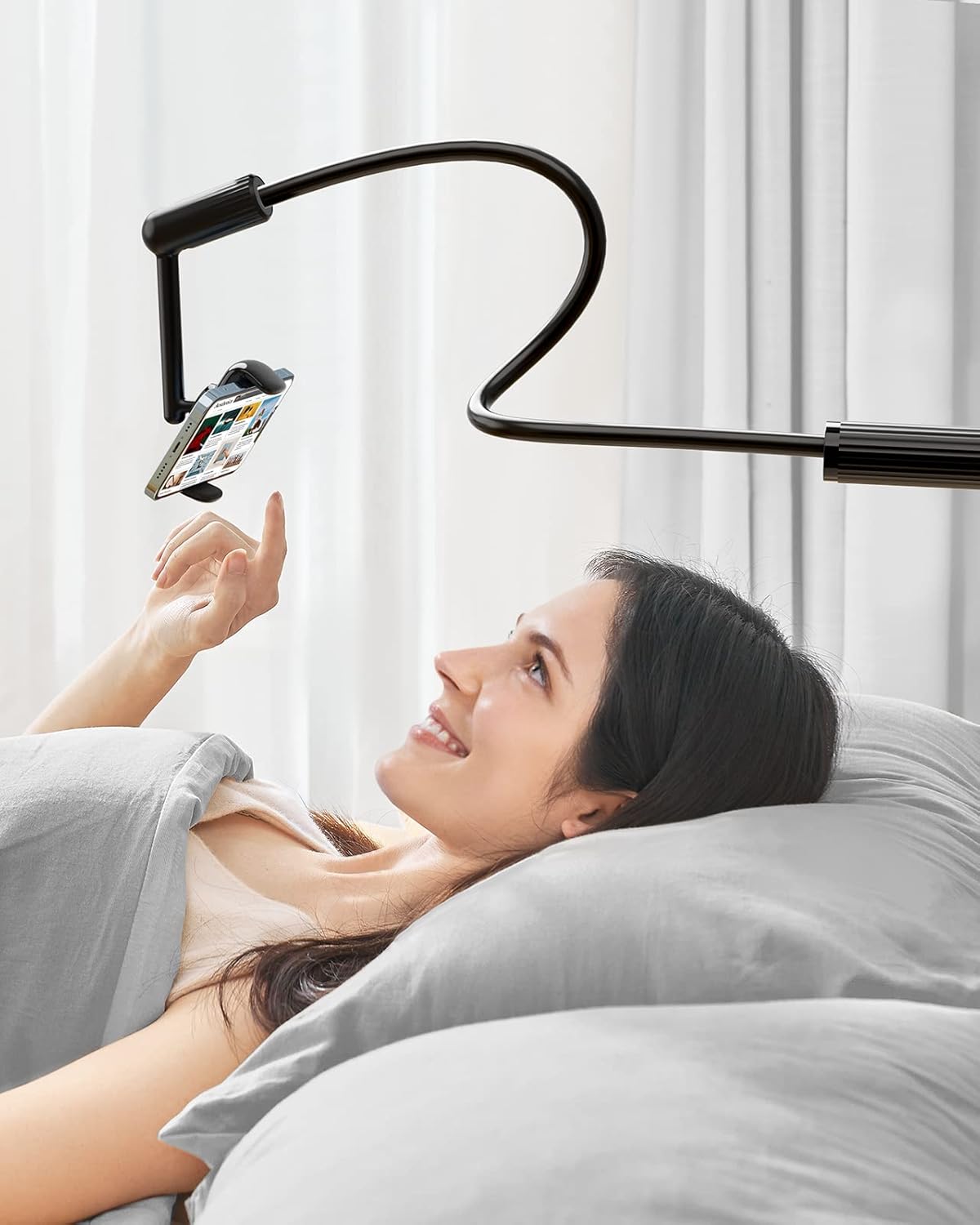 SAIJI Gooseneck Phone Holder for Bed, 360° Rotate Support Rod One-Hand Adjustable Cell Phone Stand, Compatible with All 4.7-7" Devices (Black)