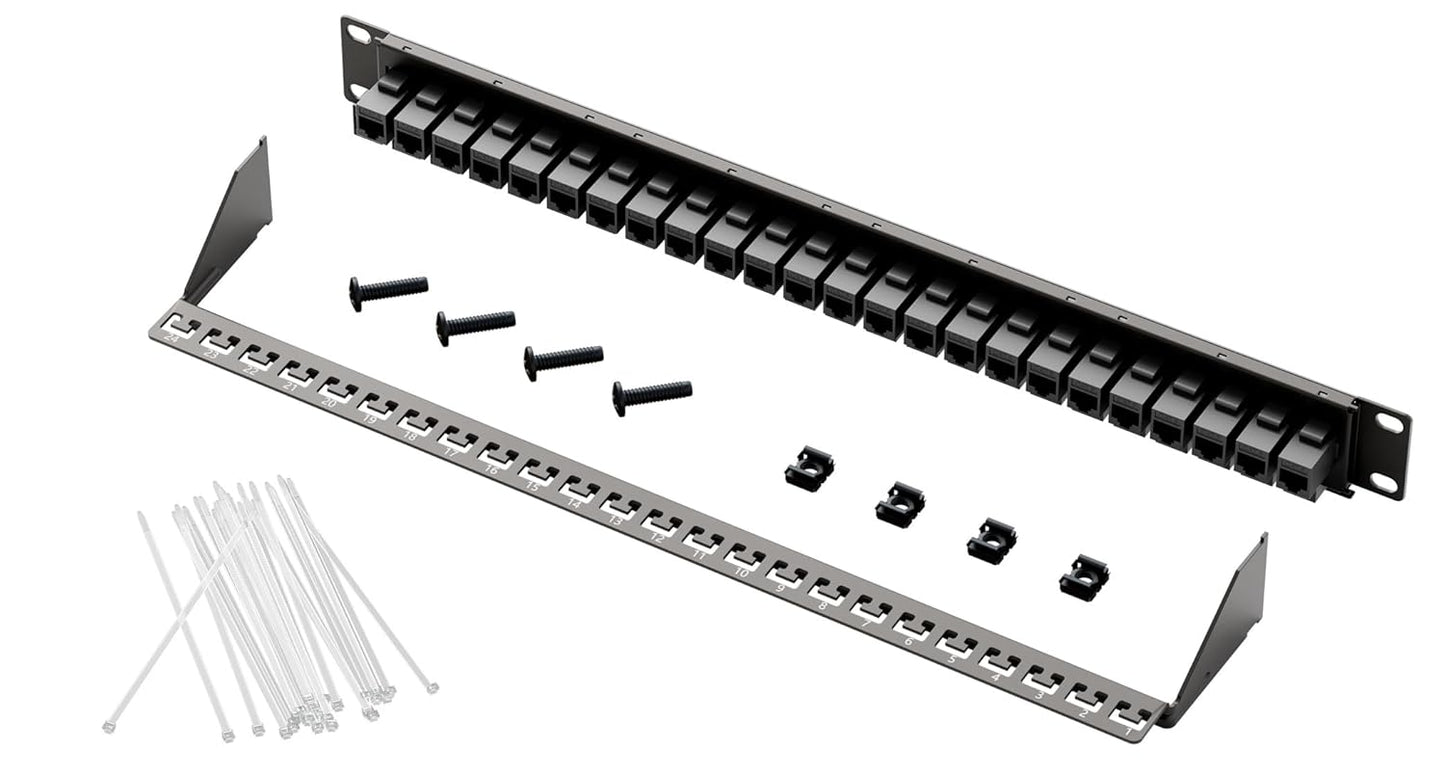 FGB 10Gbps Patch Panel 24 Port, Cat6 Keystone Patch Panel, 19" Rackmount or Wall Mount, 1U with Back Bar, Network Patch Panel for Gigabit Ethernet