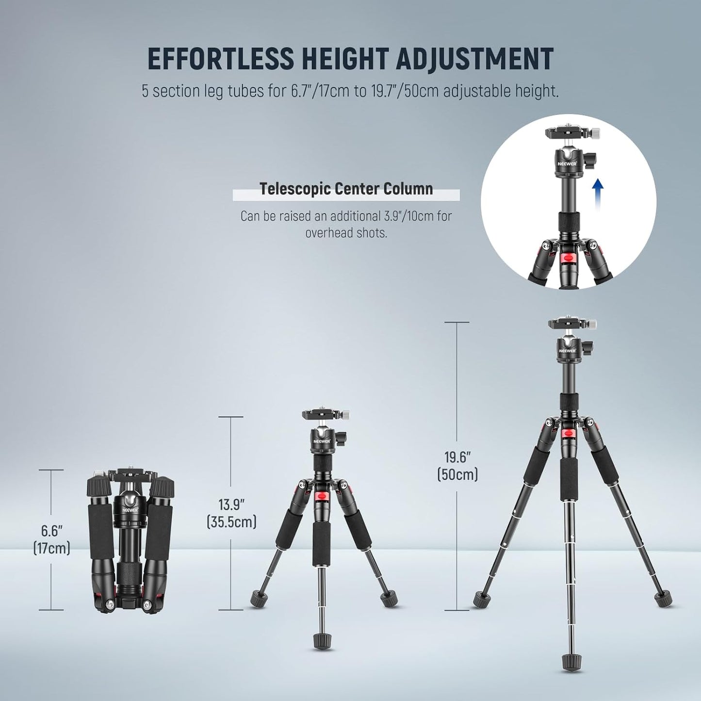 NEEWER Desktop Mini Tripod, 20'' Aluminum Alloy Small Table Top Desk Portable Travel Stand, 360° Ball Head, 1/4" QR Plate for DSLR Camera Camcorder Video Recording, Max Load 11 lbs, Cleaning Cloth