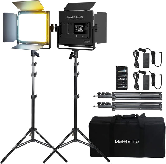 Mettlelite 2 Pack SPL210B Bi Color LED Video Light Kit with APP Control, 3200K-5600K, CRI TLCI 96+, Dimmable Photography Studio lighting with Barndoor,Diffuser, Light Stand and Carrying Case for Video
