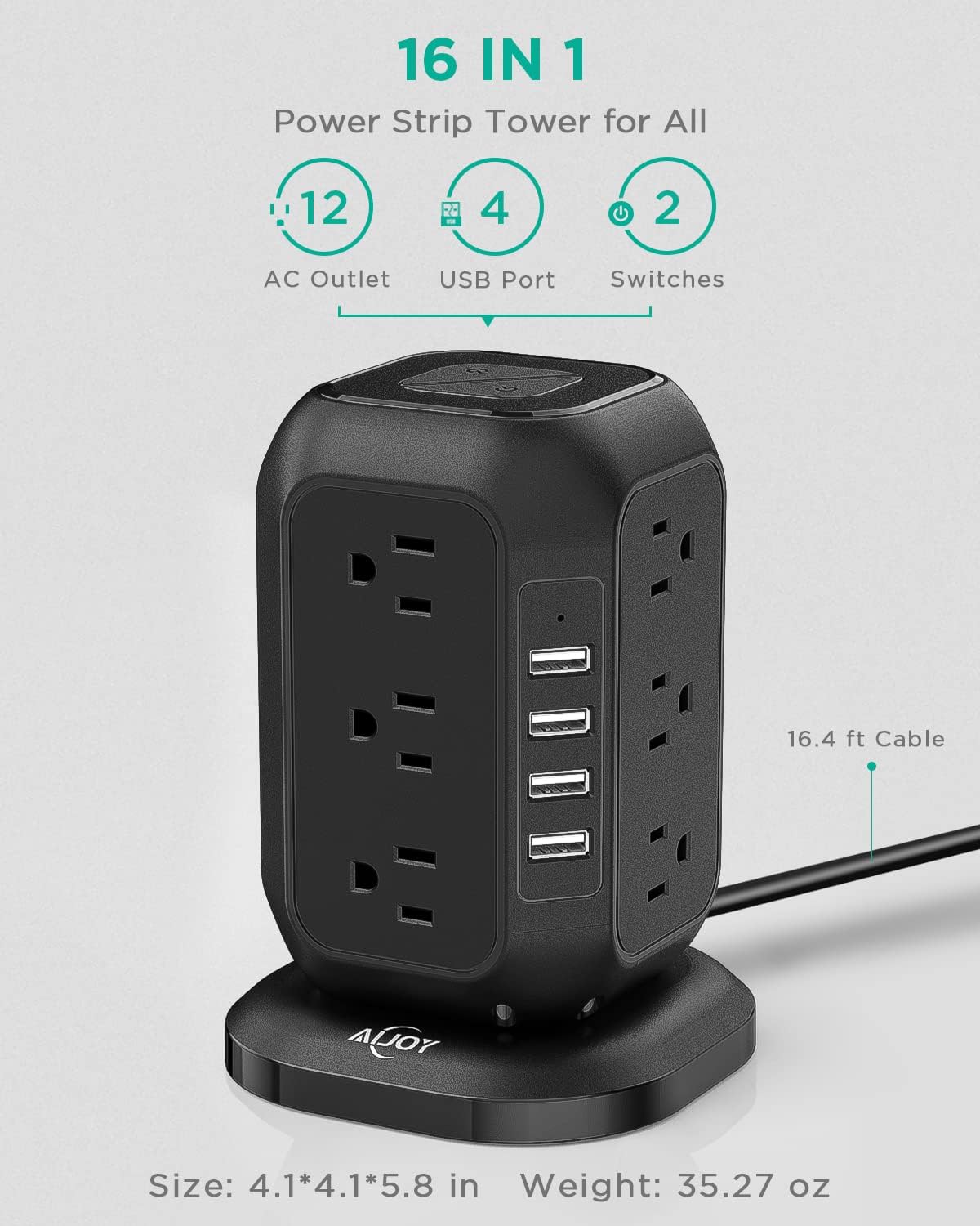 AiJoy Power Strip Tower 16.4 ft Cord, Surge Protector with 12 AC Outlet and 4 USB Ports, Charging Station Extension Cord with Multiple Outlets for Home, Office, Dorm Room Essentials black-15FT