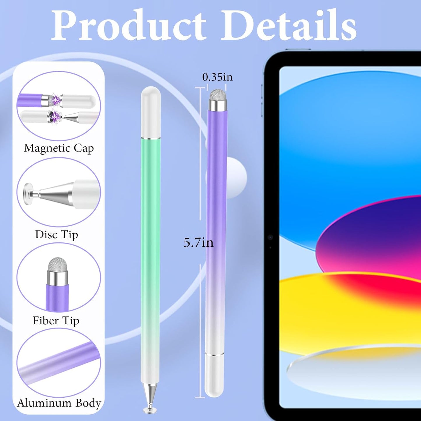 Stylus Pens for Touch Screens(2PCS), High Precision Magnetic Disc Universal Stylus Pen for iPad, 2-in-1 iPad Pen Compatible with iPhone/Pad/Android Tablets and Most Touch Screen(Green/Purple)